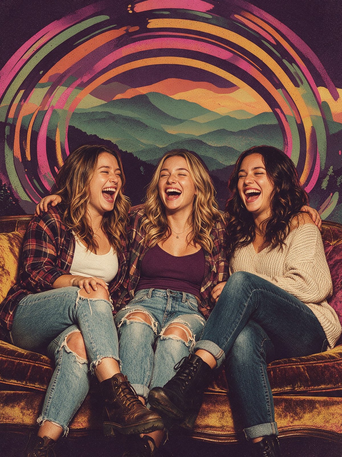 Friends laughing on a couch after a show, framed like a screen-printed gig poster with Blue Ridge mountains